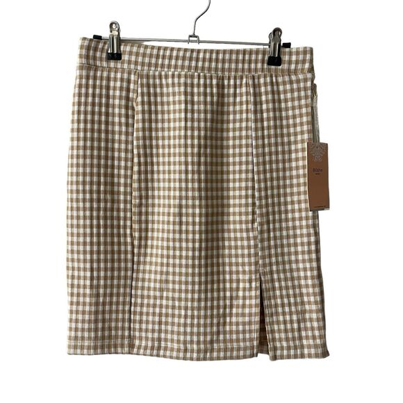 Blashe Large Mini Skirt Tan White Print Slit Short NWT Boutique Casual - Picture 1 of 8